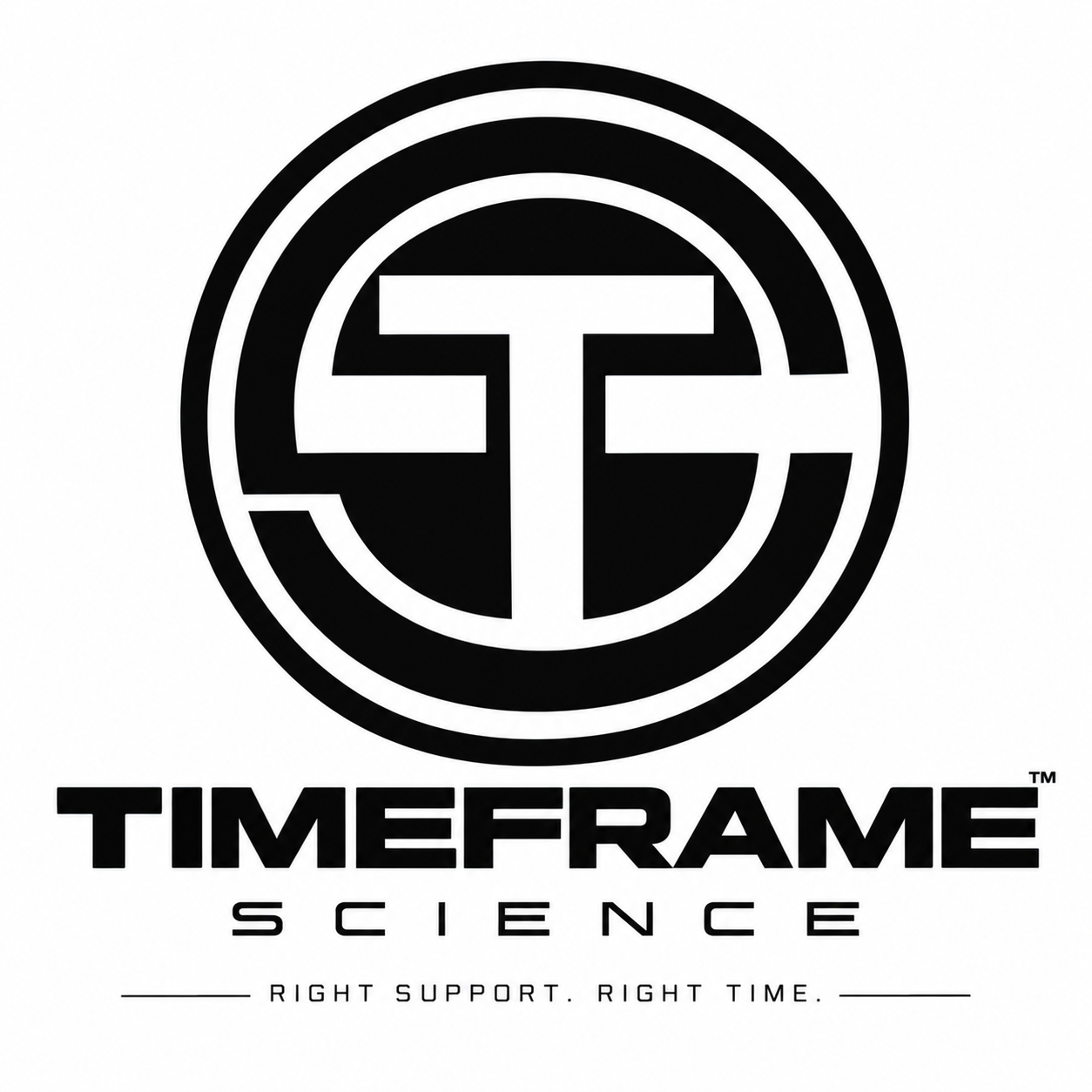 Original TimeFrame Science circular TF emblem and wordmark. Right support. Right time.